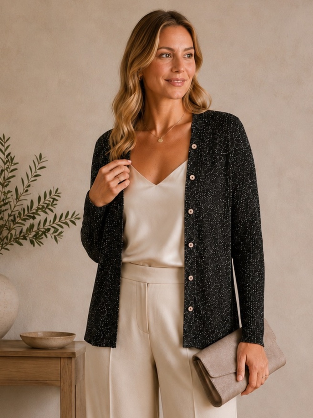 Casual Corner 70% Silk Metallic Cardigan Medium Black Shimmer